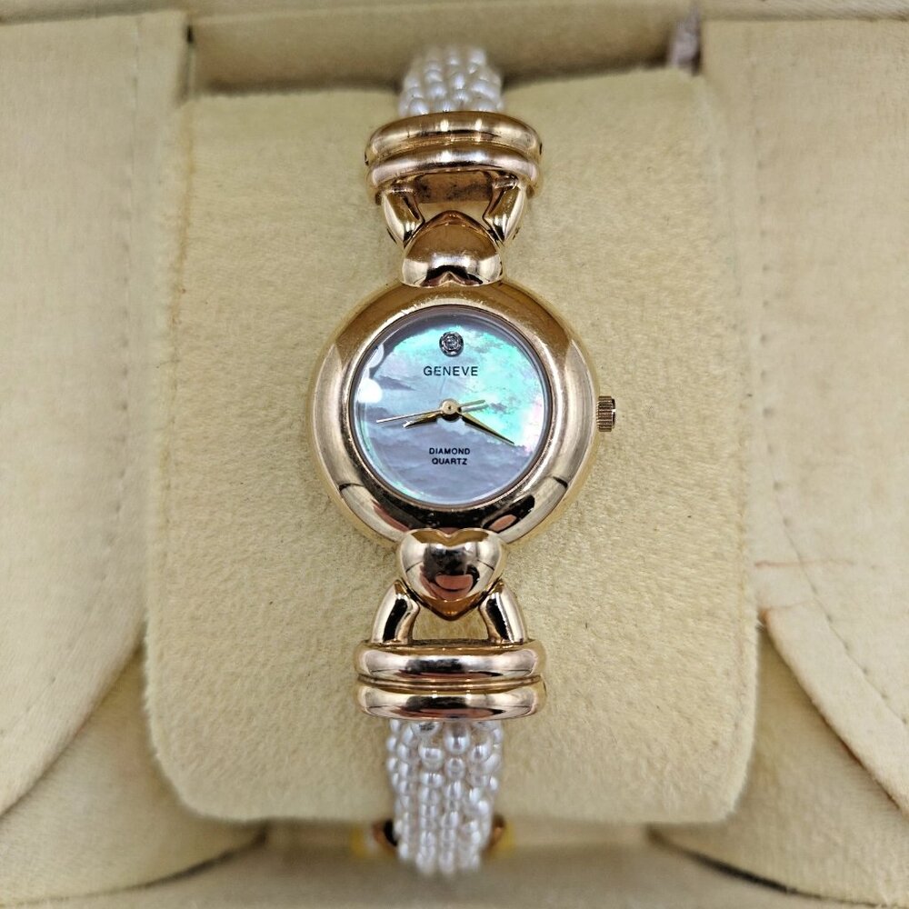Vintage Geneve Diamond inlay Quartz Watch Women Mother of Pearl Face, UNTESTED